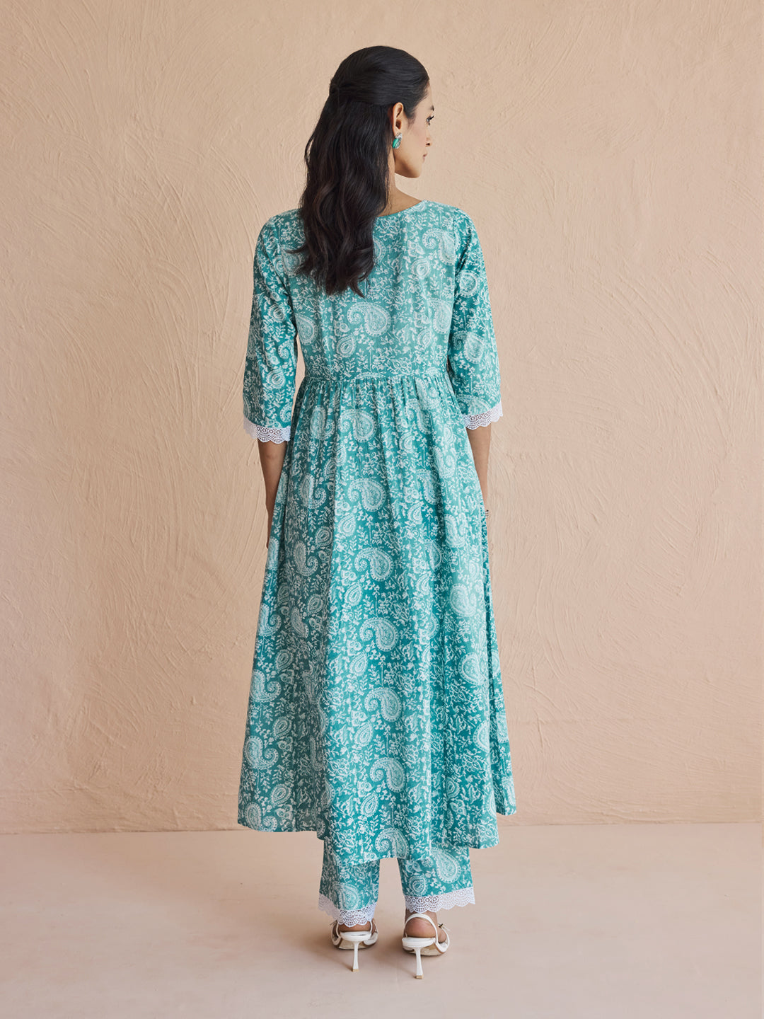 FIORRA Women's Firozi Printed Cotton Anarkali Kurta Set with Dupatta